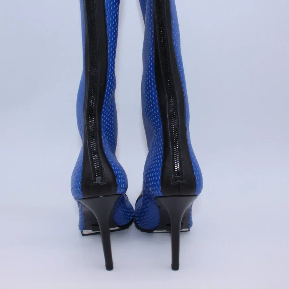 Michael Kors Perforated Leather Abigail Runway Boots Blue/Black Size 40 New